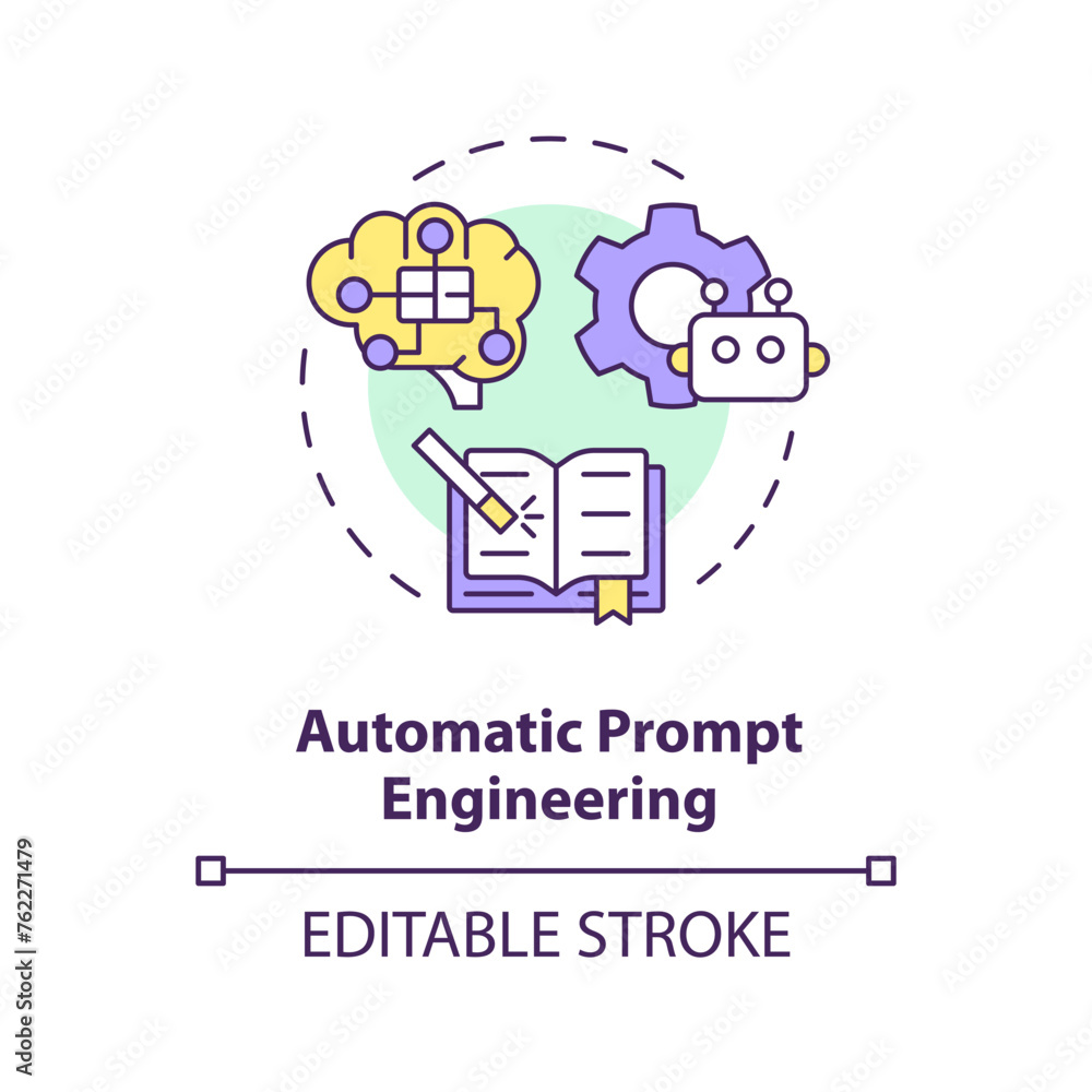 Automatic prompt engineering multi color concept icon. Prompt optimization. Algorithm and heuristics. Round shape line illustration. Abstract idea. Graphic design. Easy to use in article Automatic prompt engineering multi color concept icon. Prompt optimization. Algorithm and heuristics. Round shape line illustration. Abstract idea. Graphic design. Easy to use in article