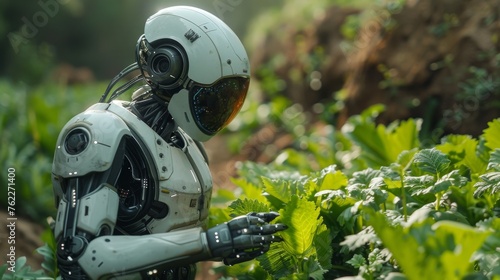  Serene agricultural AI robot tending to a garden