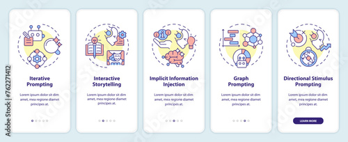 Prompt engineering strategies onboarding mobile app screen. Walkthrough 5 steps editable graphic instructions with linear concepts. UI, UX, GUI template. Myriad Pro-Bold, Regular fonts used