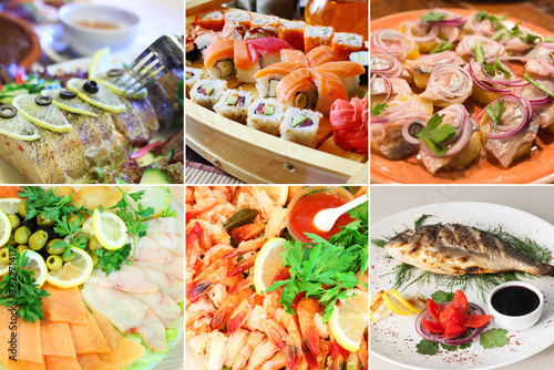 Collage with various serving seafood dishes