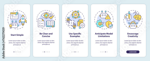 Designing prompt steps onboarding mobile app screen. Walkthrough 5 steps editable graphic instructions with linear concepts. UI, UX, GUI template. Myriad Pro-Bold, Regular fonts used