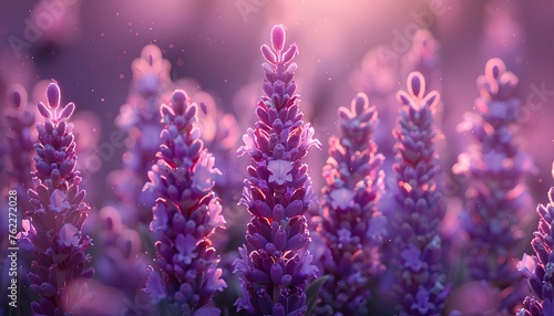 Lavender field at sunset. Closeup of lavender plant blooming under the sun during summertime. Purple flowers from aromatic plant lavender. Lavender and sunset