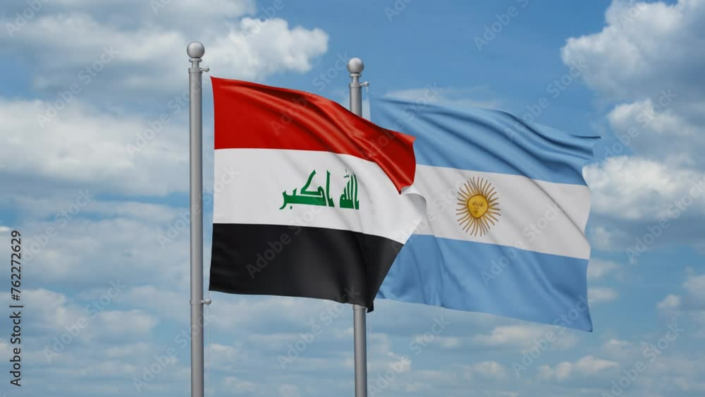 Argentina and Iraq two flags waving together, looped video, two country relations concept Argentina and Iraq two flags waving together, looped video, two country relations concept