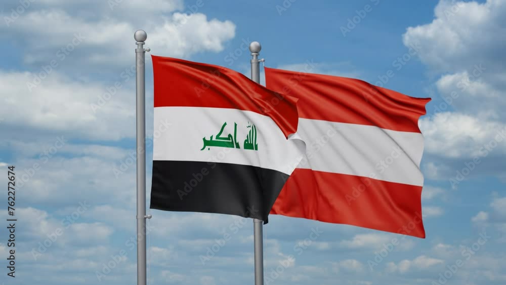 Austria and Iraq two flags waving together, looped video, two country relations concept Austria and Iraq two flags waving together, looped video, two country relations concept