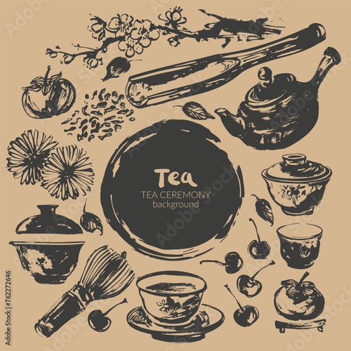 Hand drawn ink sketch of teapot, cups, whisk, leaves, fruits, scoop traditional asian style.