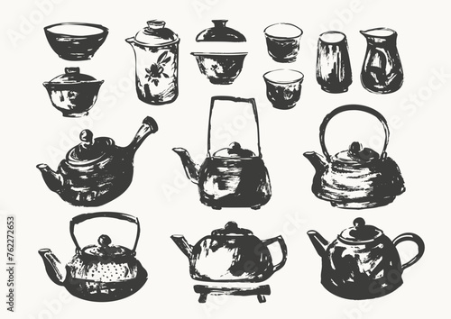 Hand drawn ink sketch of teapots, tea cups traditional japanese sumi-e style