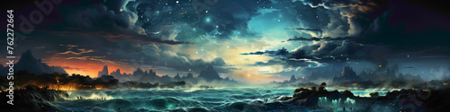 A mesmerizing starry night sky above a tranquil ocean  featuring a banner advocating for marine conservation and protection of aquatic life.