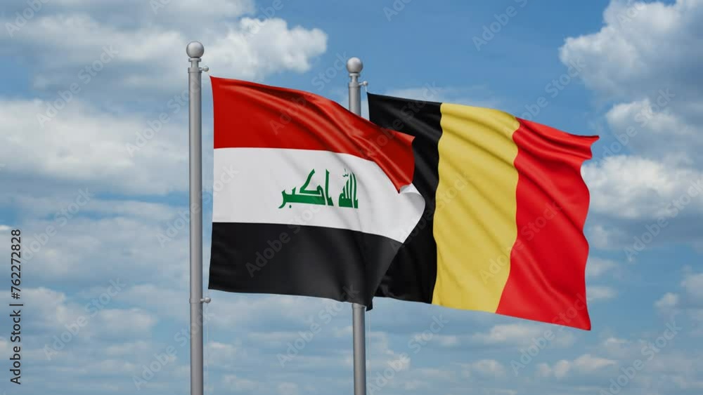 Belgium and Iraq two flags waving together, looped video, two country relations concept Belgium and Iraq two flags waving together, looped video, two country relations concept