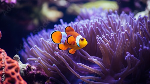 views of clown fish and coral reefs. Portrait of an underwater view of the sea