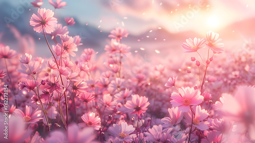 Magical pink and lavender-themed background radiates the spirit of Easter, with whimsical bunny motifs, pastel-colored eggs, and blooming spring flowers set against a dreamy sky © CanvasPixelDreams