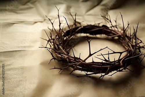 This Crown of Thorns against parchment paper represents Jesus's Crucifixion on the Cross, dying and then rising on Easter Sunday - generative ai