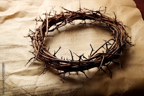 This Crown of Thorns against parchment paper represents Jesus's Crucifixion on the Cross, dying and then rising on Easter Sunday - generative ai
