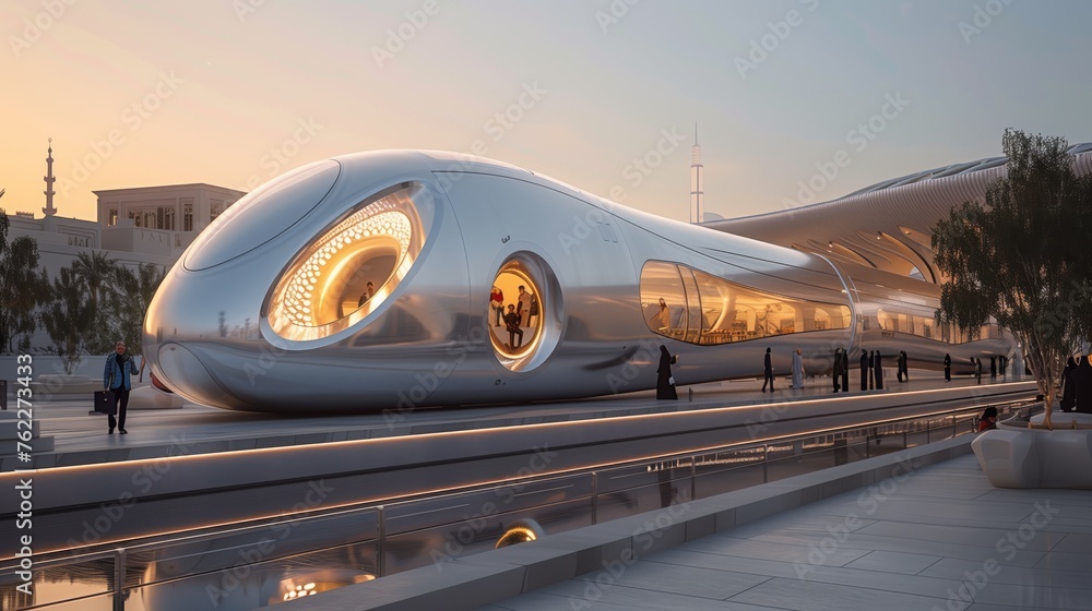 Futuristic Building With People Walking Around Futuristic Building With People Walking Around
