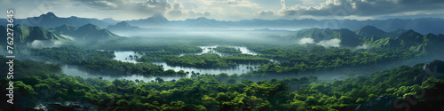 A stunning aerial view of a lush green forest canopy, with a banner showcasing a conservation message for preserving natural habitats.