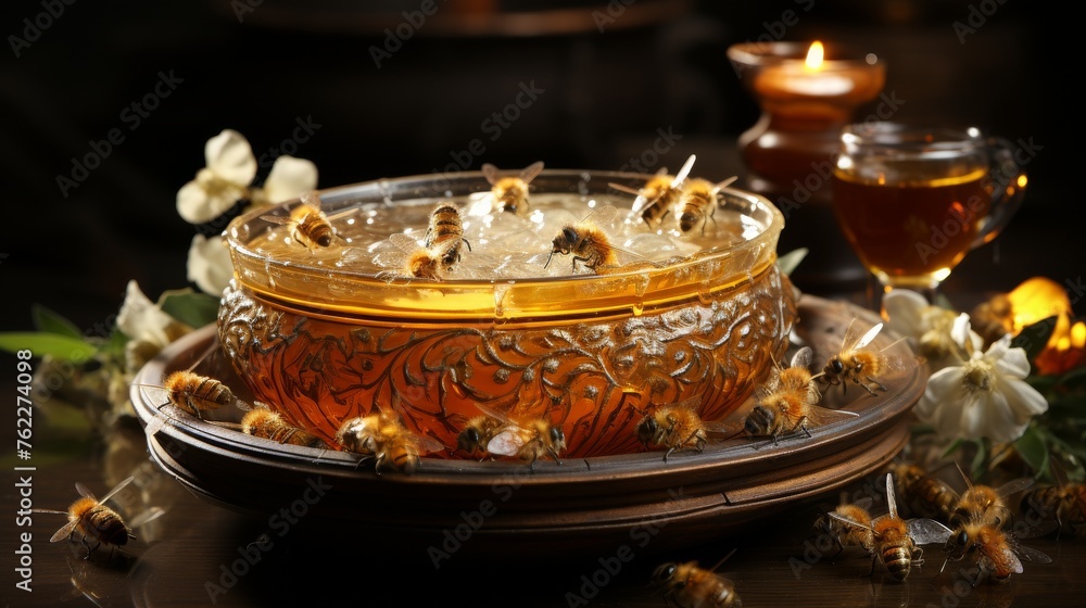 Glass Bowl With Honey on Table