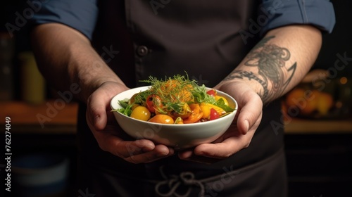 In the hand of the male chef is holding a bowl of food and lifting it up.