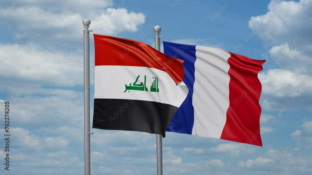 France and Iraq flags waving together, looped video, two country relations concept France and Iraq flags waving together, looped video, two country relations concept