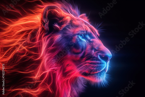 bright multicolored profile of neon glow face lioness on black isolated background