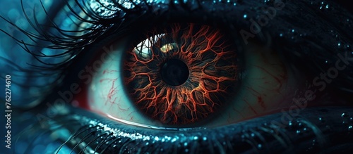 A closeup of a womans eye with electric blue eyelash, magenta eyeshadow, and a red pupil in darkness, showcasing the artistry of macro photography and symmetry in the circular flesh photo