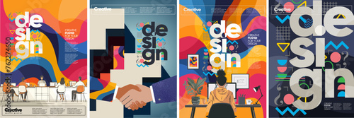 Design, creativity and business. Vector modern abstract  geometric illustration of advertising agency, graphic design at computer at work, handshake, creative office for poster, flyer or background © Ardea-studio