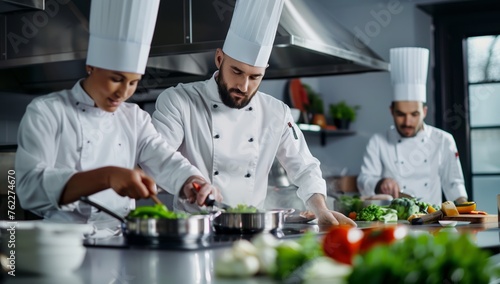 A team of chefs in chefs uniforms are cooking and preparing cuisine using natural foods in the kitchen. They are sharing recipes and ensuring topnotch service with beautiful tableware photo