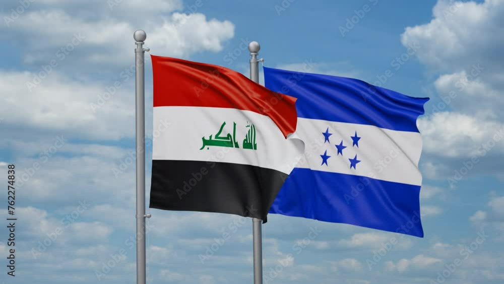 Honduras and Iraq two flags waving together, looped video, two country relations concept Honduras and Iraq two flags waving together, looped video, two country relations concept