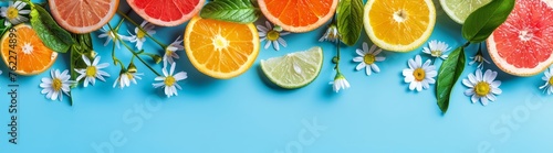 Vibrant flat lay of various citrus fruits and tropical flowers against a bright blue background. Tropical Citrus Fruit and Flowers Flat Lay