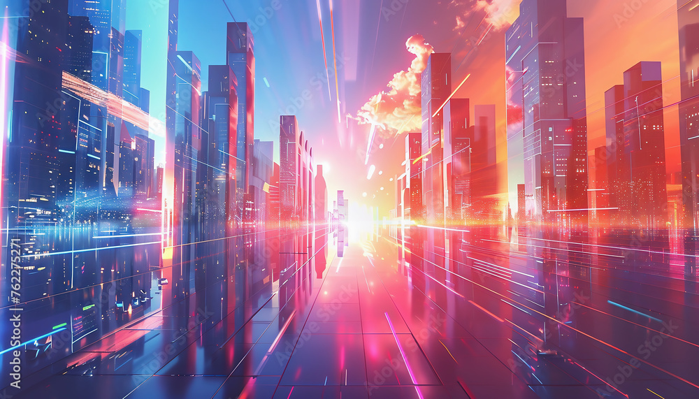 Abstract background with code. Abstract background with lights. Background with an ultra-modern city against the background of 3D holograms with news. Data concept.