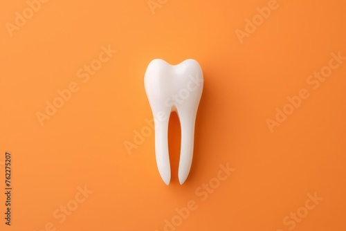 White healthy tooth model on orange background with copy space. Dental care and healthcare concept.