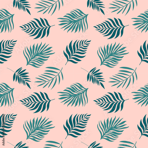 Handdrawn tropical pattern with green palm leaves. Seamless vector design on peach background.