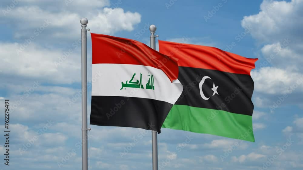 Libya and Iraq two flags waving together, looped video, two country cooperation concept Libya and Iraq two flags waving together, looped video, two country cooperation concept
