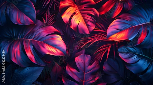 tropical leaves in neon light © Spyrydon