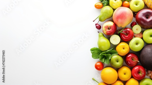 Various fresh fruits and vegetables healthy food storage Top view with copy area