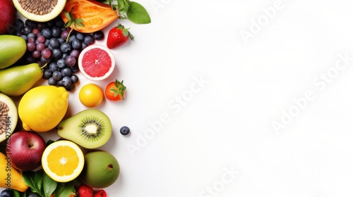 Various fresh fruits and vegetables healthy food storage Top view with copy area © suteeda