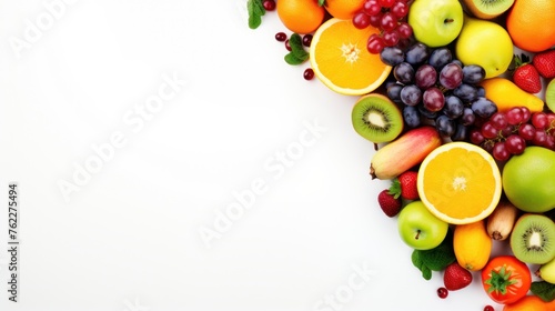 Various fresh fruits and vegetables healthy food storage Top view with copy area photo