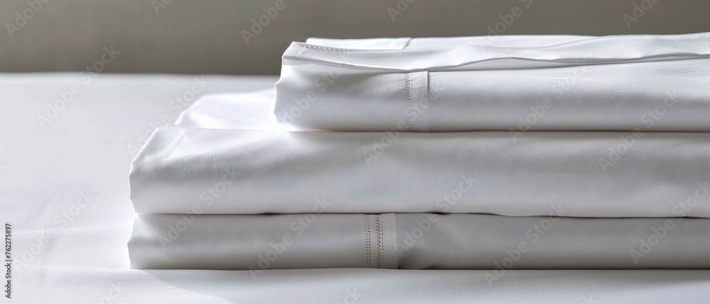 Crisp white cotton sheets neatly folded and ready for a cozy night's sleep at home. Crisp white cotton sheets neatly folded and ready for a cozy night's sleep at home.