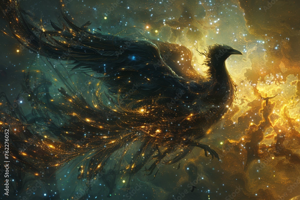 A surreal cosmic fire Phoenix in a backdrop of nebulae and galaxies. A surreal cosmic fire Phoenix in a backdrop of nebulae and galaxies.