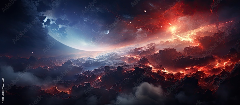 A scene of a planet surrounded by cumulus clouds in the atmospheric sky, showing a beautiful natural landscape and geological phenomenon in the horizon