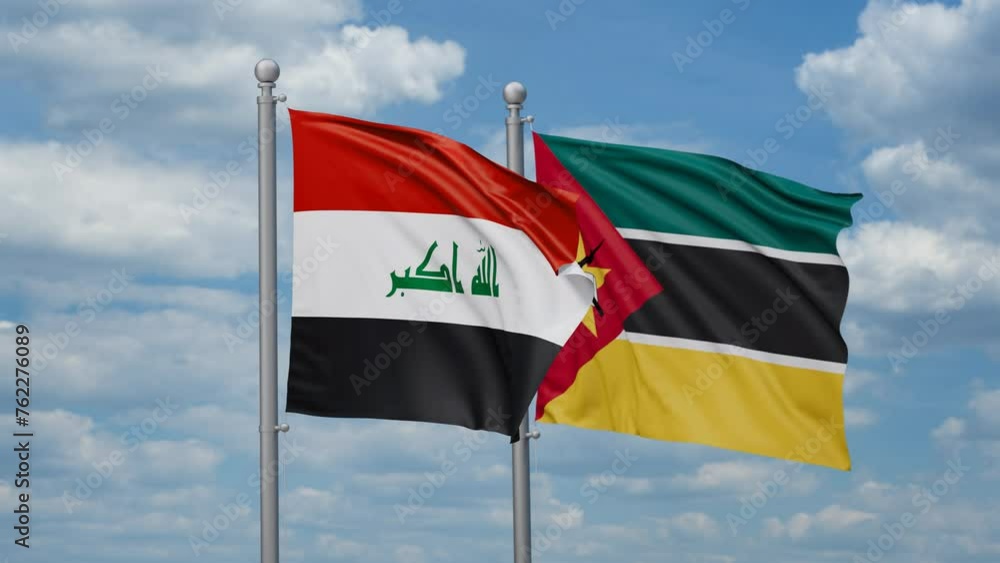 Mozambique and Iraq two flags waving together, looped video, two country cooperation concept Mozambique and Iraq two flags waving together, looped video, two country cooperation concept