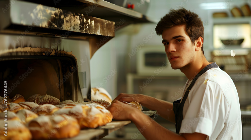 A man baker at work near the oven in the bakery