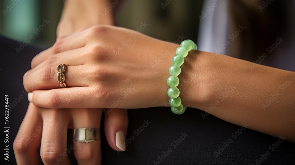 A jade bead bracelet on the wrist of a beautiful woman