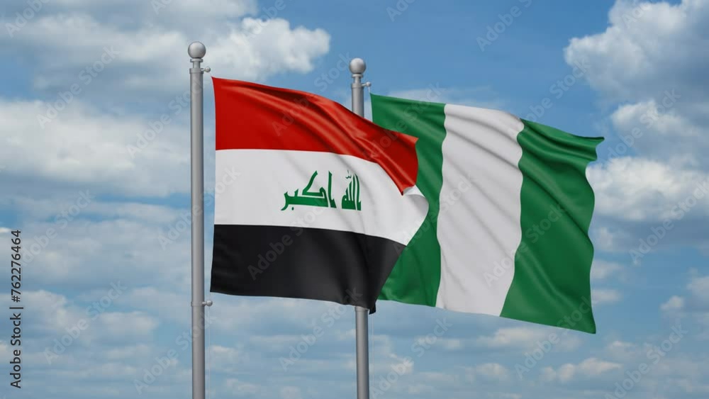 Nigeria and Iraq two flags waving together, looped video, two country relations concept Nigeria and Iraq two flags waving together, looped video, two country relations concept