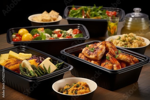 A versatile composition showcasing a diverse selection of restaurant-quality dishes prepared for takeout or delivery. Enjoying restaurant meals in the comfort of your own space. photo