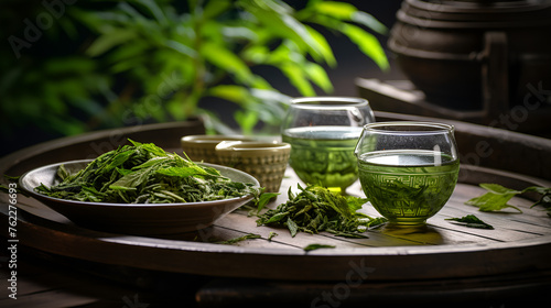 tea with mint,Longjing tea, bud tip, green tea, tender, leisurely afternoon, Sunshine, Zen concept photo
