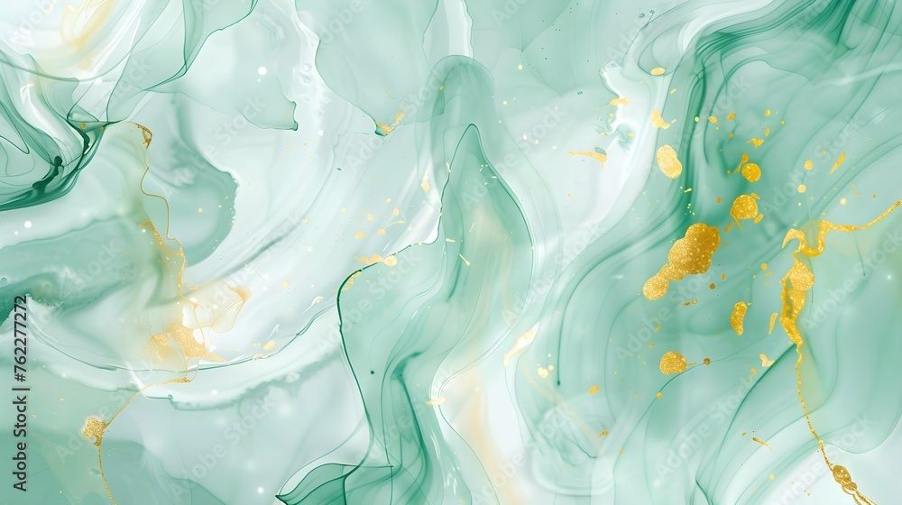 Abstract marbled ink liquid fluid watercolor painting texture banner illustration - Soft mint green petals, blossom flower flowers swirls gold painted lines, isolated on white background  - obrazy, fototapety, plakaty 