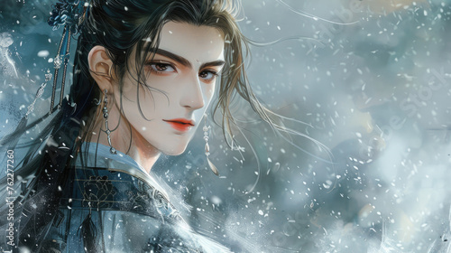 Portrait of an Asian male fantasy character, chinese immortal hero in dark hanfu with long hair in a snow storm.