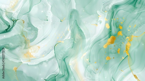 Abstract marbled ink liquid fluid watercolor painting texture banner illustration - Soft mint green petals, blossom flower flowers swirls gold painted lines, isolated on white background 