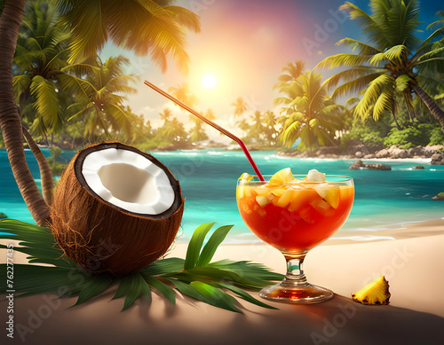 A coconut and a cocktail on the beach under palm trees