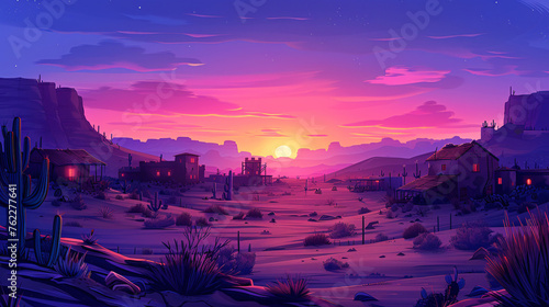 Silhouettes of buildings, cacti, and mountains under a starlit, purple desert sunset photo