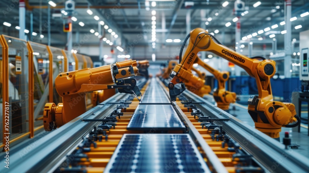 Large-scale production with industrial robot arms at factories, solar panels being assembled on conveyor belts
